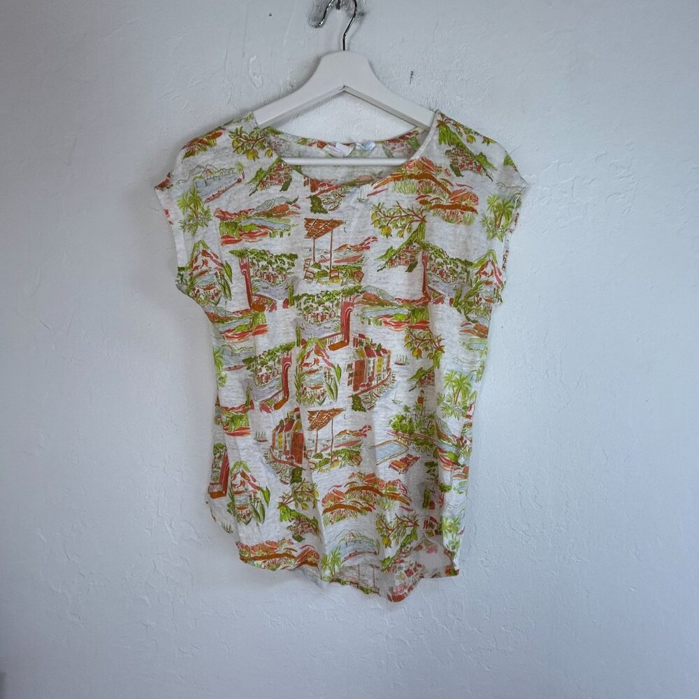 Cynthia Rowley Womens Linen Tropical Print Short Sleeve T-Shirt Medium Summer